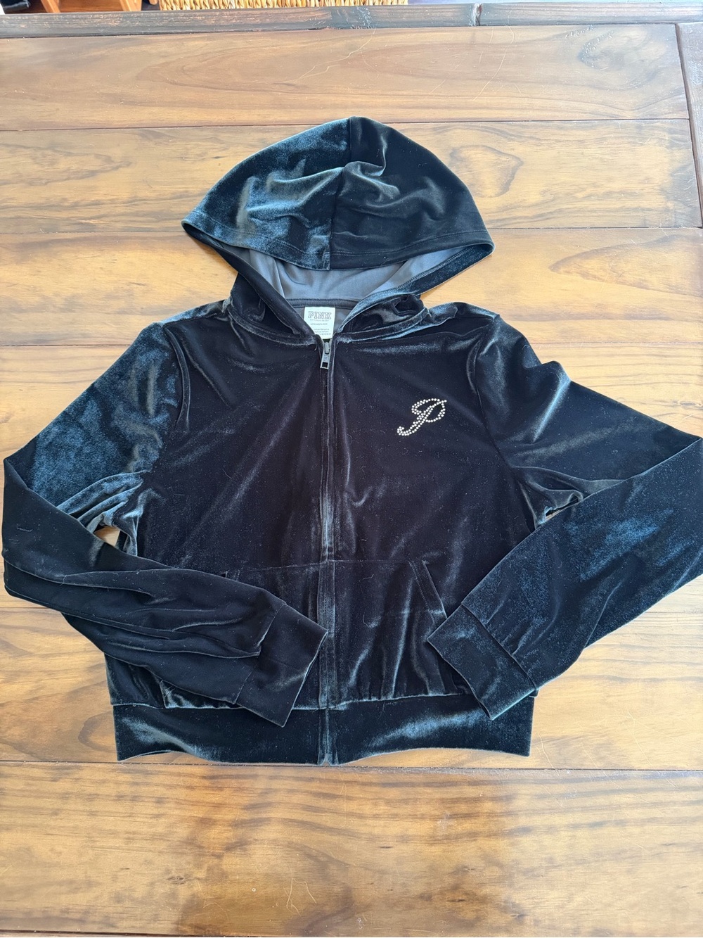 PINK Victoria's Secret Black Velour Zip Hoodie with Rhinestone P Logo
